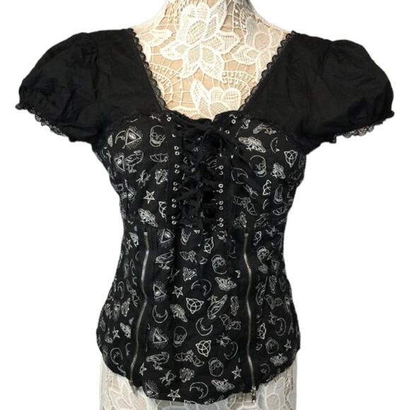 Hot Topic Gothic Corset Lace front, Zipper skull spiders bat Pattern Top size XL - Picture 1 of 12